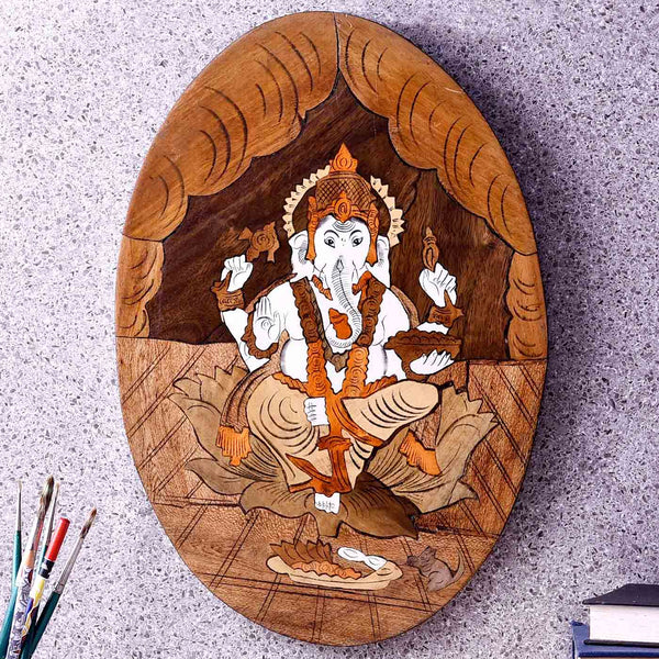 Blessings By Ganesha Oval Wooden Painting