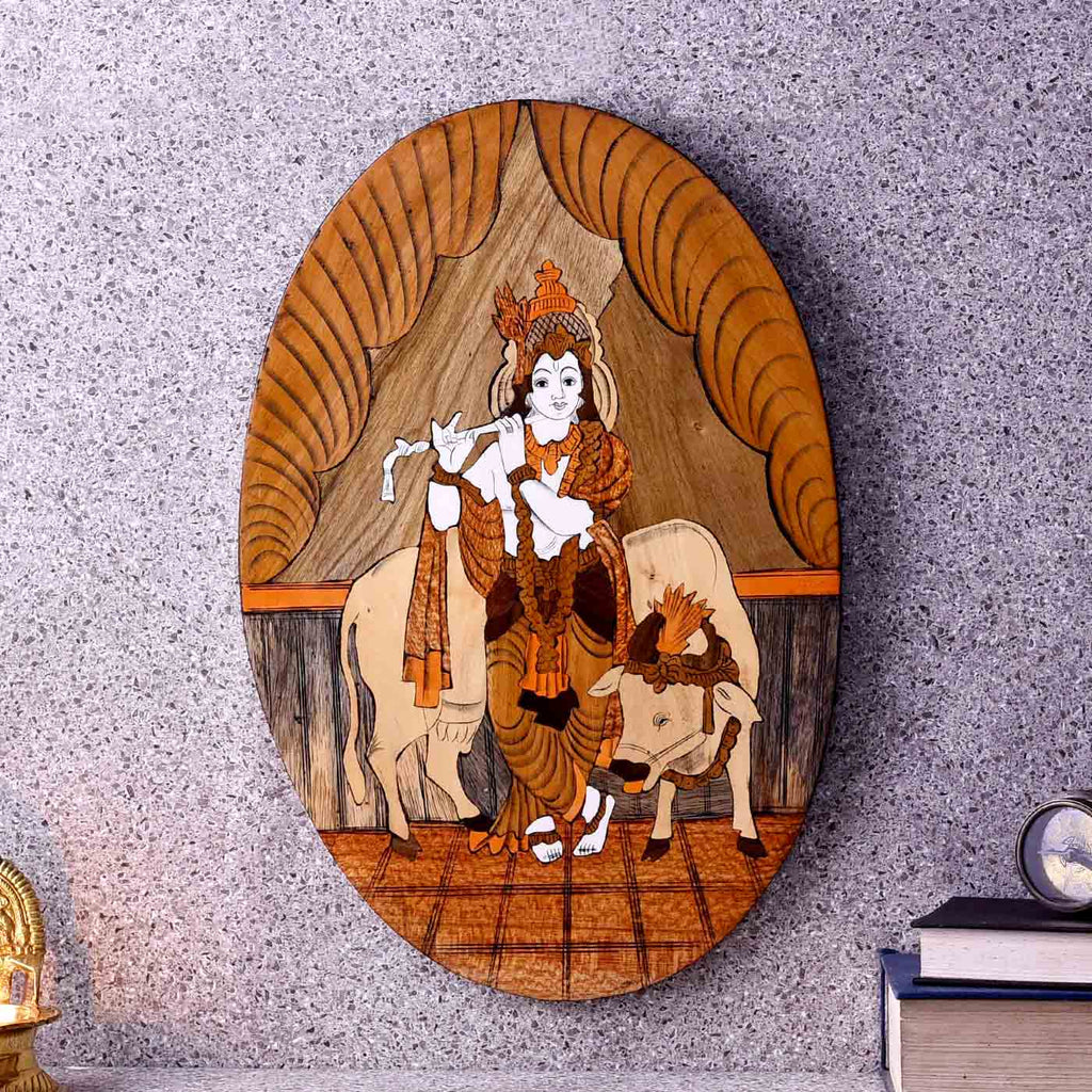 Mesmerizing Krishna Oval Wooden Inlay Panel