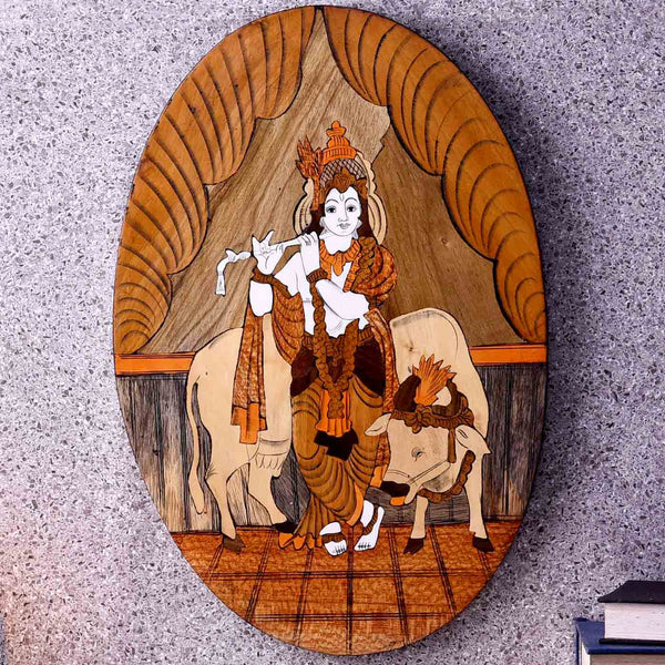Mesmerizing Krishna Oval Wooden Inlay Panel