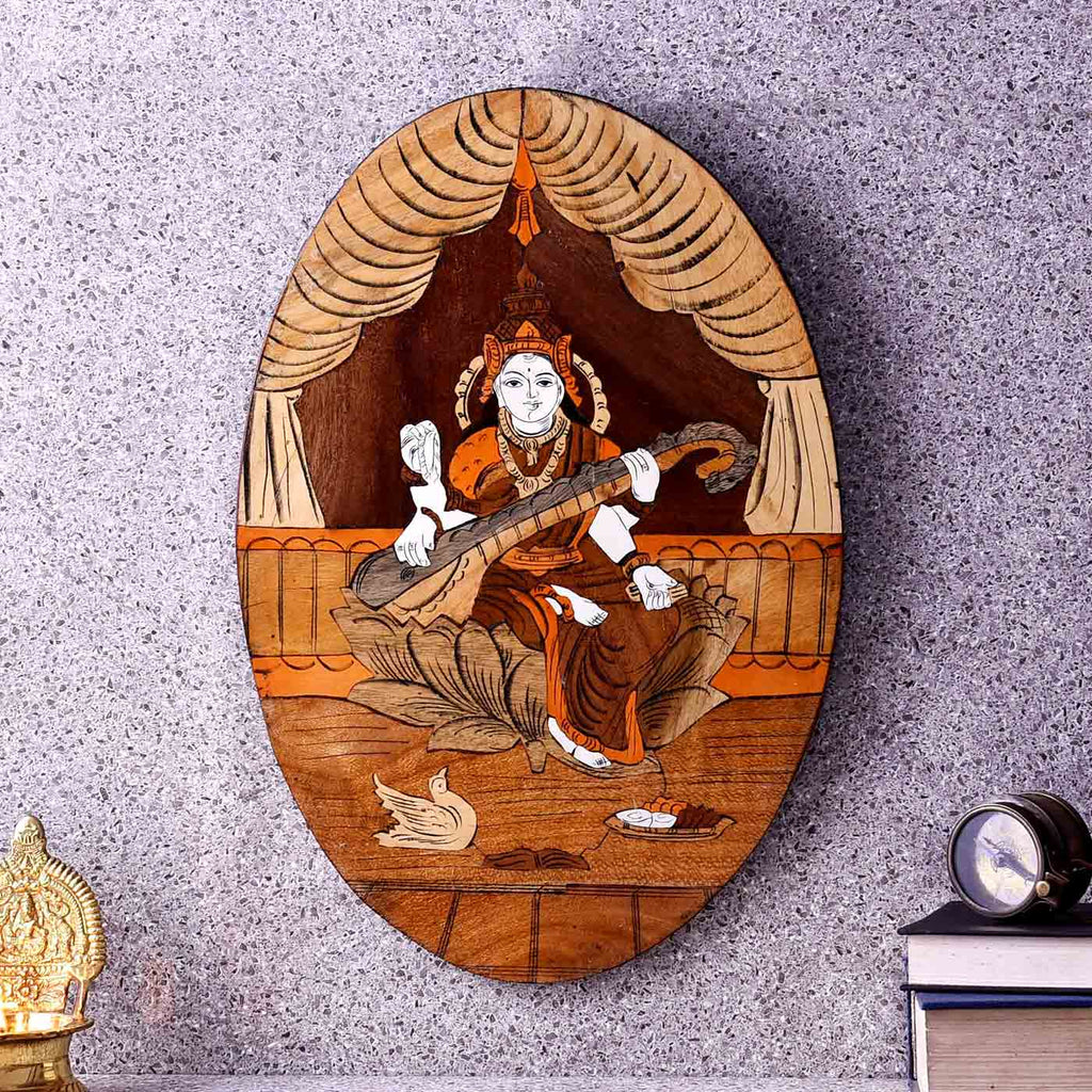 Knowledge Goddess Saraswati Wooden Inlay Painting