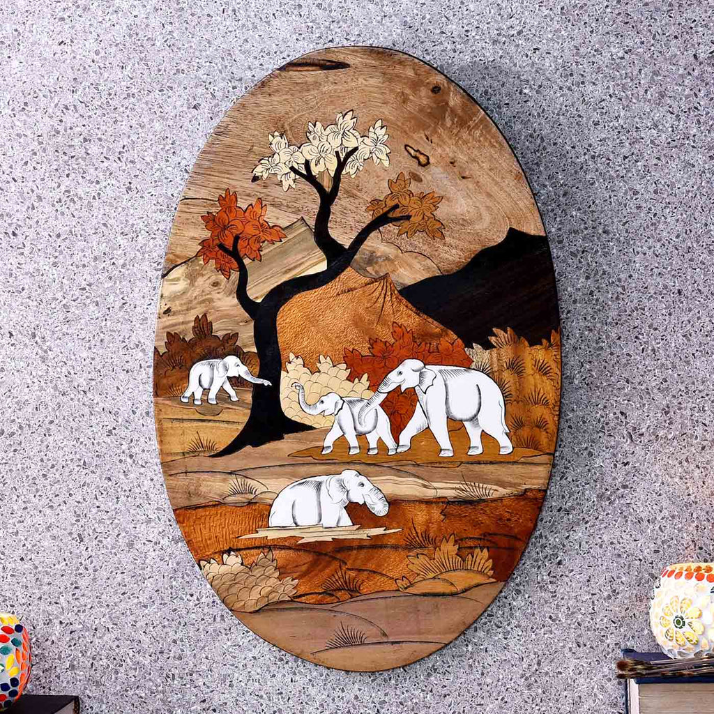 Playful Elephant Family Oval Wooden Painting