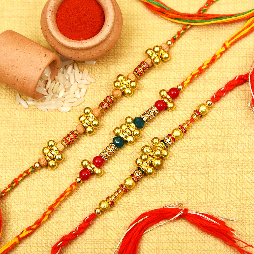Fancy Set Of 3 Beads & Stones Rakhi