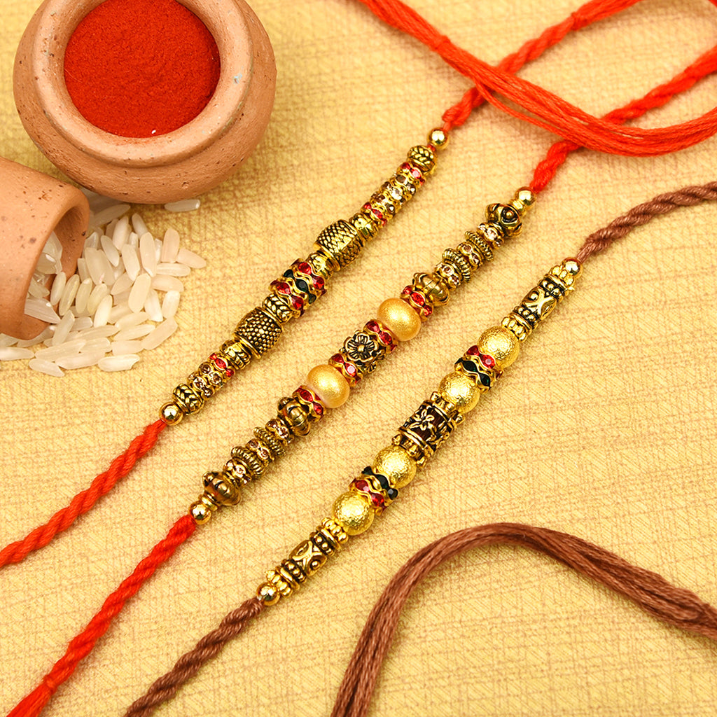 Antique Metal Pearls, Beads & Stones Set Of 3 Rakhis