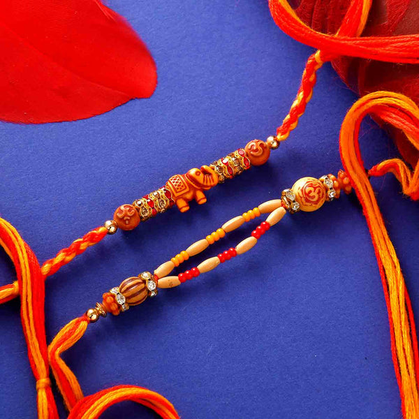Traditional Wooden Beads Set Of 2 Om Rakhis