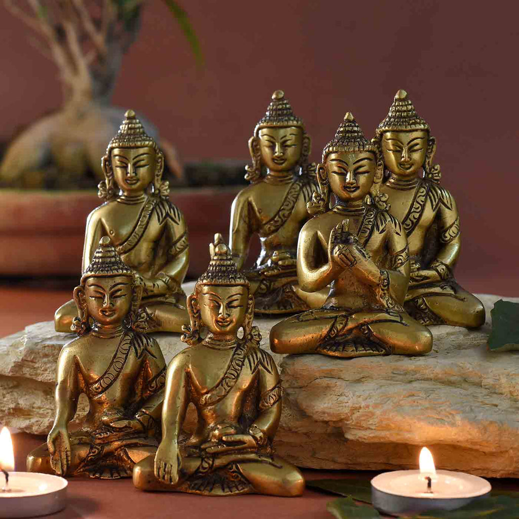 Dharmachakra Six Mudra Buddha Brass Idol Set